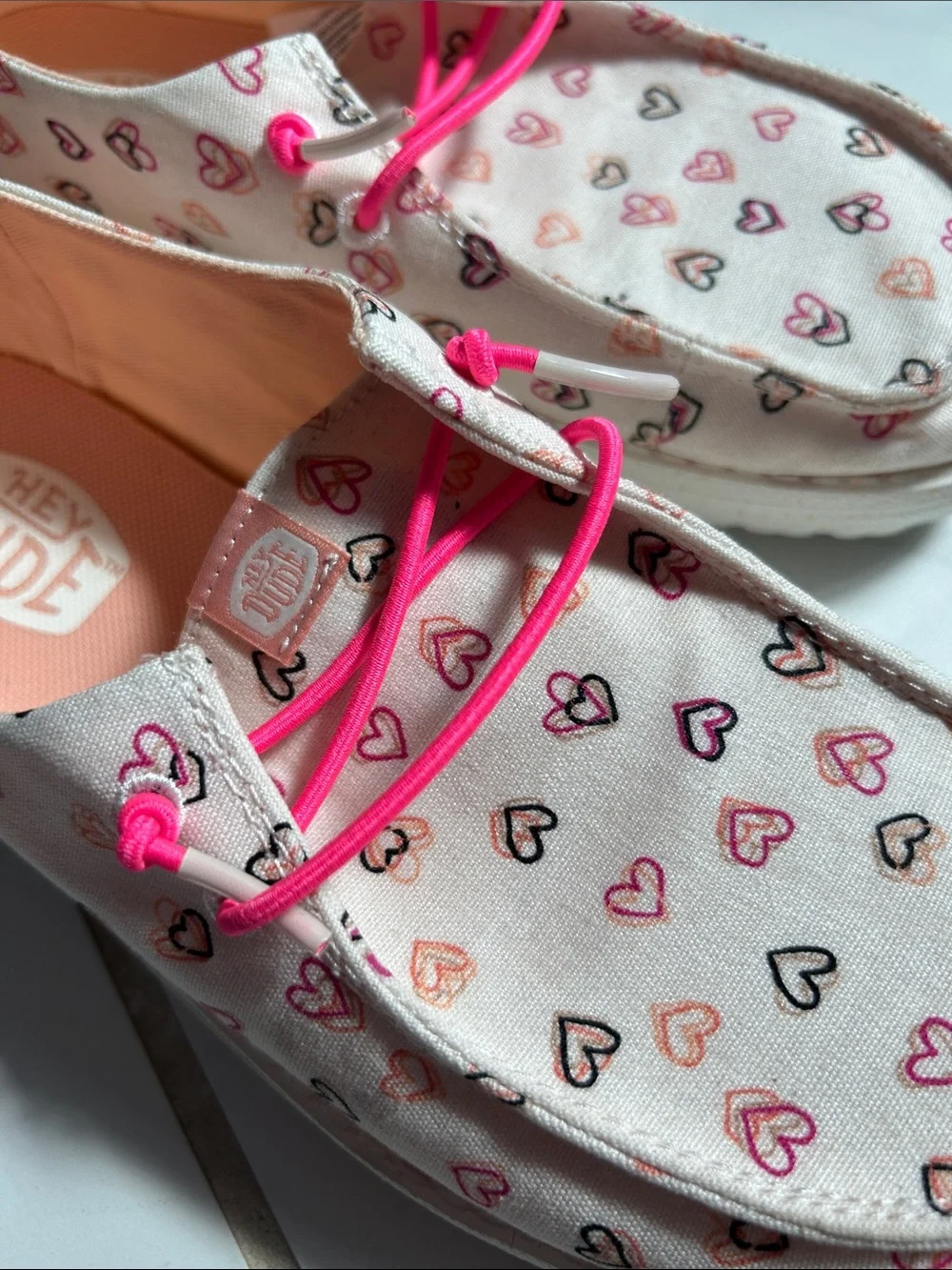 Hey Dude Kids Moccasins with Pink Heart Print and Hot Pink Laces